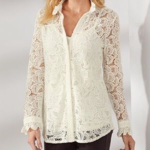 Soft Surroundings Francesca Lace & Ruffle Long Sleeve Button Front Blouse Top